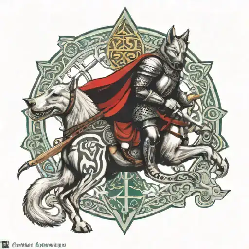 Knight Templar With A Wolf Companion On A Celtic Background