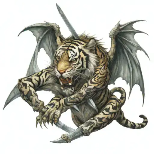 A Dragon Holding A Giant Sword Fighting A Tiger