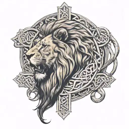 A Lion Roaring Majestically In Front Of A Celtic Cross