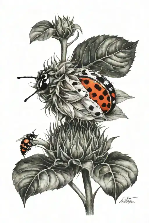 Sunflower And Ladybug Perched
