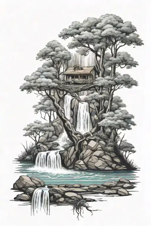 A Hammock In The Woods Beside A Raging River With A Majestic Waterfall