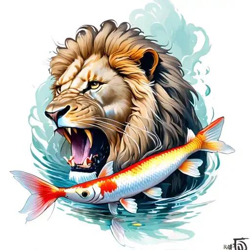 Male Lion Eating A Koi Fish