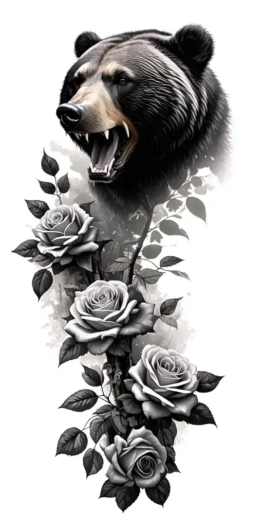 Growling Bear Head Roses In Forest Landscape Rosa De Los