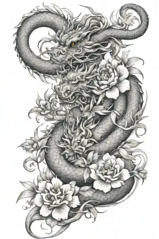 Dainty Tattoo With Alot Of Flowers And A Simple Chinese Dragon