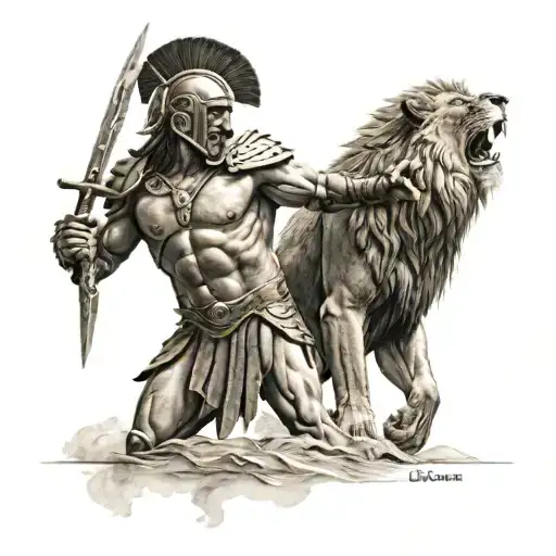 Design Of Spartan Warrior Facing Off Against A Lion In Battle