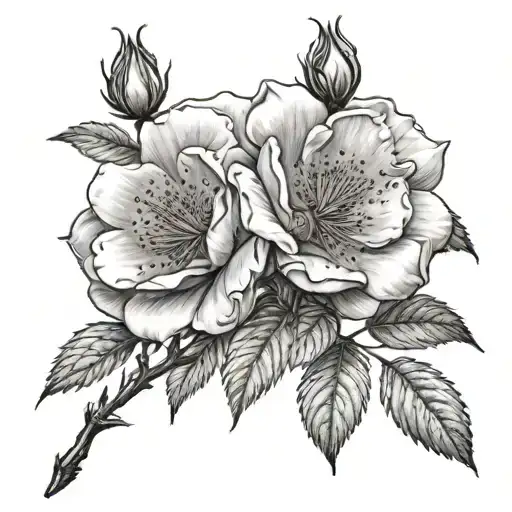 Wild Rose Two Open Flowers Two Buds