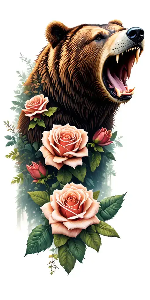 Growling Bear Head Roses Blooming Forest Landscape