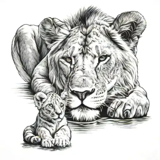 Lion And Seeing Cub In Reflection