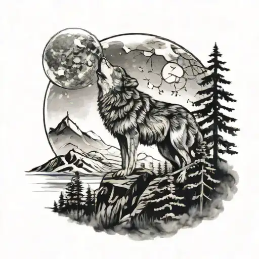 Wolf Howling In Mountains Looking At The Moon With Surrounding Forest