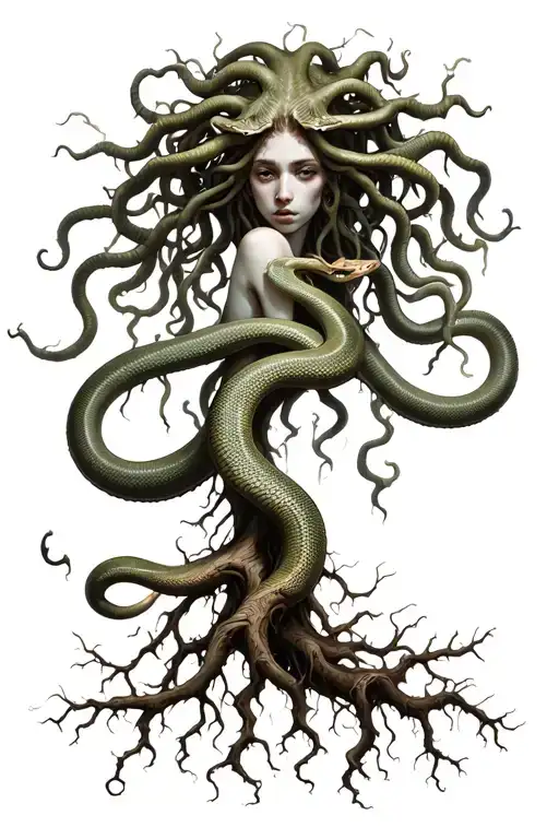 Medusa With Snakes Wrapping Tree With Roots