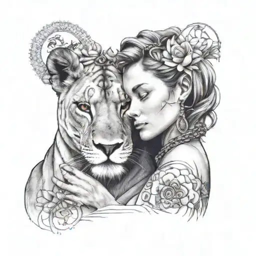 A Woman Hugging A Lioness With Lotus And Also Sun And Moon On Top