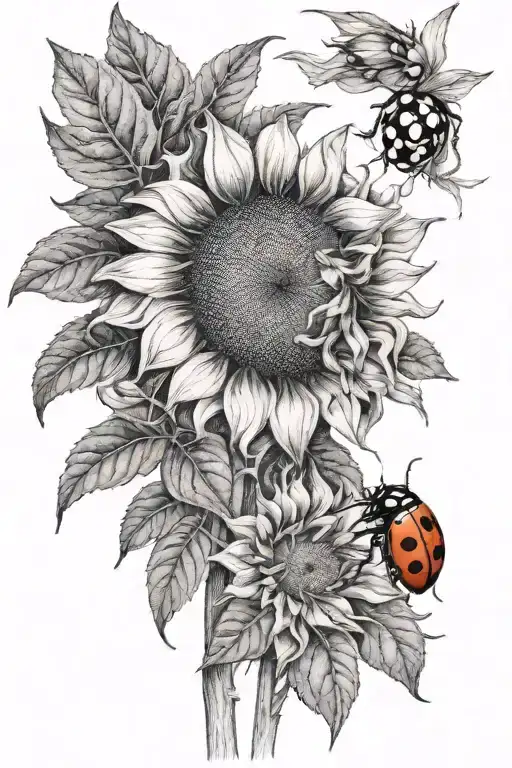 Sunflower And Ladybug Perched