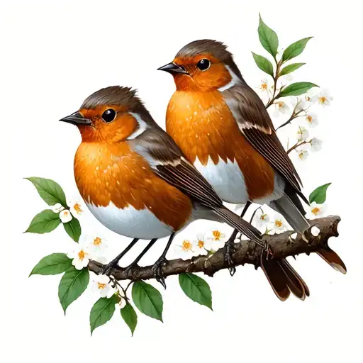 Fineline Robin Birds Sat On Branches With Small Leaves And Flowers