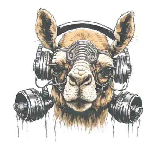 Rave Party Techno Camel With Demon Horns On Head And Headphones Y2000k Style