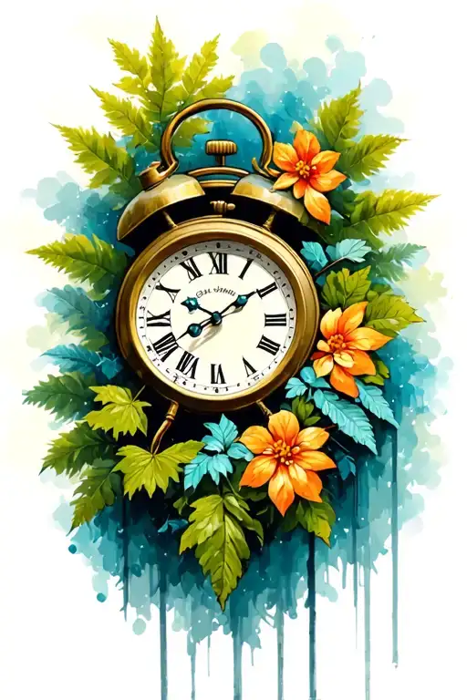 Ticking Time Clock Mixed With Nature Elements Like Trees