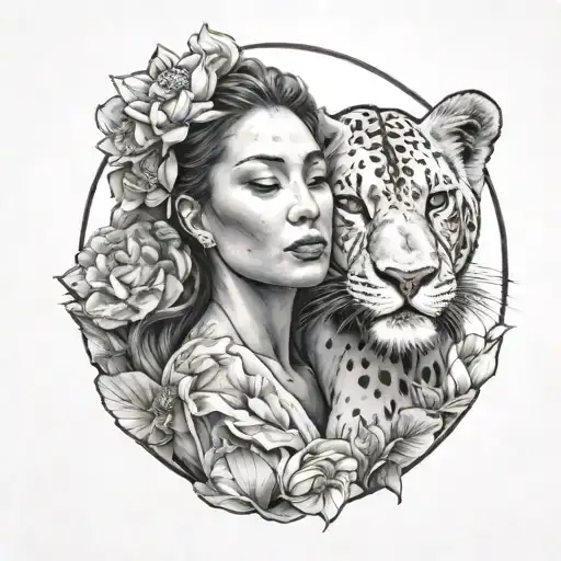 A Woman Hugging Each Other A Lioness With Lotus And Also Sun And Moon On Top