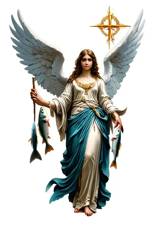 Female Archangel Raphael With A Pilgrimage Stick And Fish In The Hand