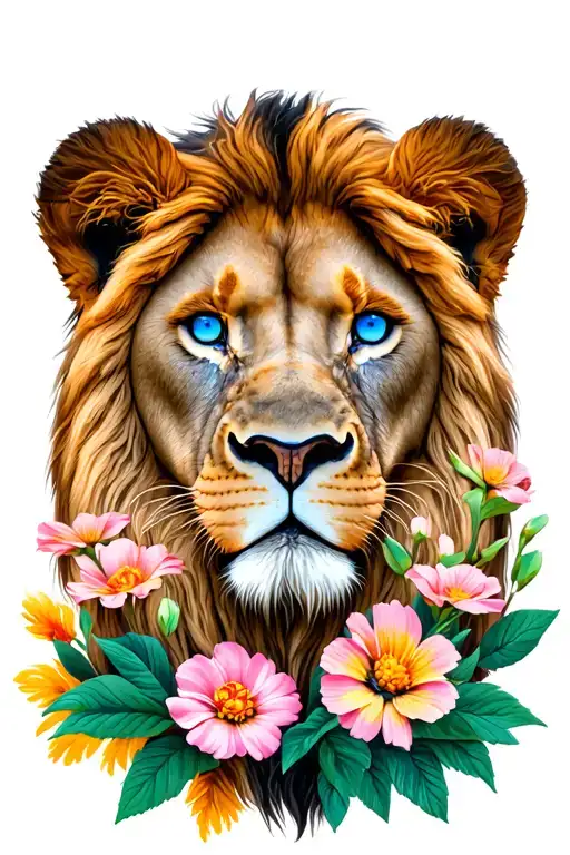 Lion's Face Facing Straight Ahead Blue Eyes And Blooming Flowers Cover Half Of The Lion's Face