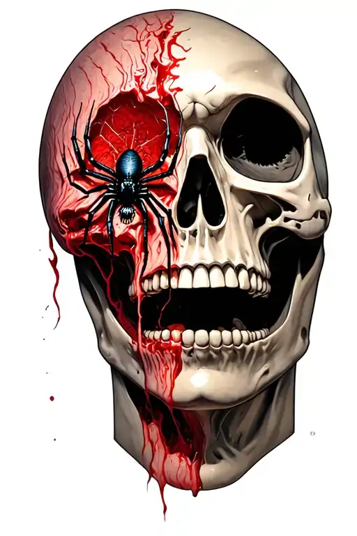 Skeletal Face With Half Of The Faces Flesh Falling Off And A Spider Coming Out Of The Mouth