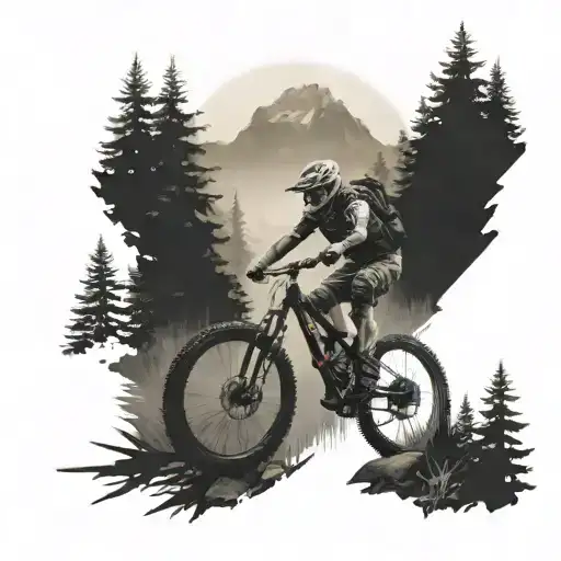 An Outdoor Scene With A Mountain Biker Riding Through A Forest With A Subtle Technology Theme