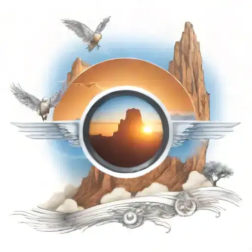 Blue Mountain View Through Camera Lens To Texas Rising Phoenix Wings Bird Sunrise