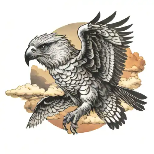 A Serene Tattoo Of A Harpy Eagle Soaring Through The Clouds At Sunset