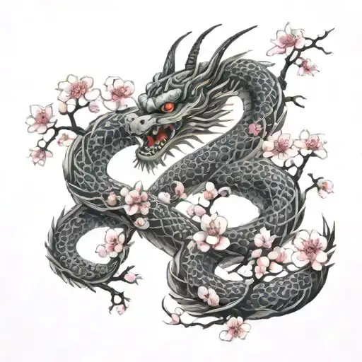 A Traditional Japanese Dragon Coiled Around A Cherry Blossom Tree Tattoo