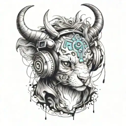 Rave Party Techno Cute Animal With Demon Horns On Head And Headphones