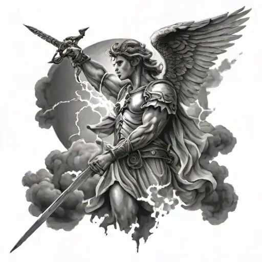 Angel With Sword And A Cross Dark Clouds And A Moon With Lightning