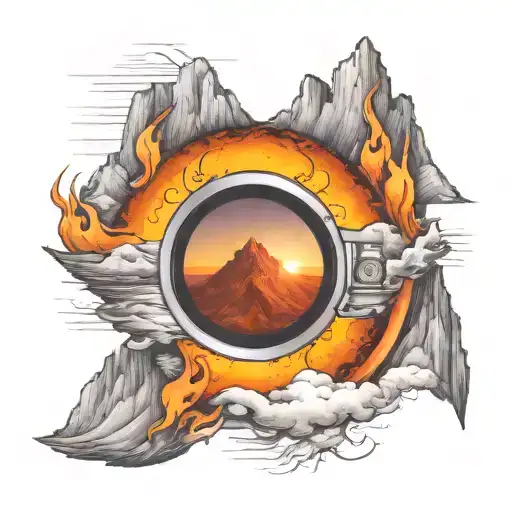 View Though Camera Lens While Mountains Rising Phoenix From Fire Sunrise