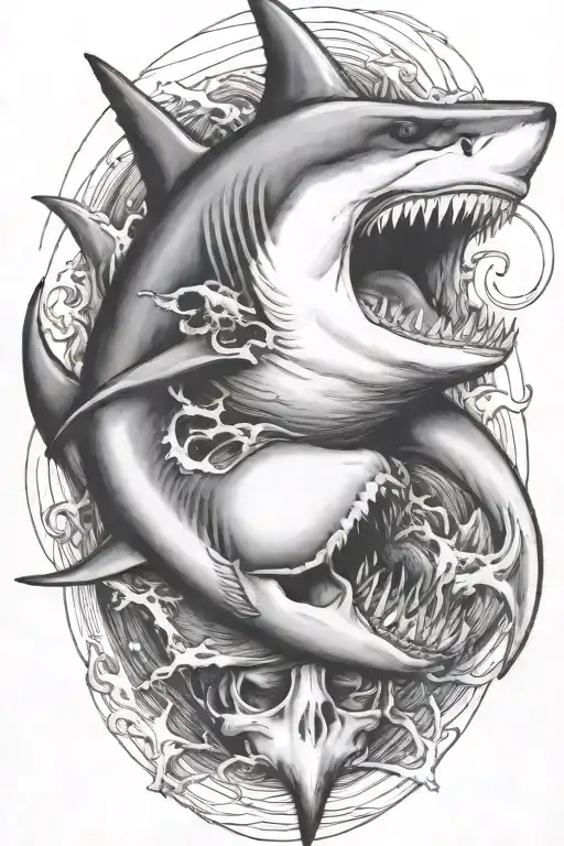 Shark Biting An Skull With Waves Crashing