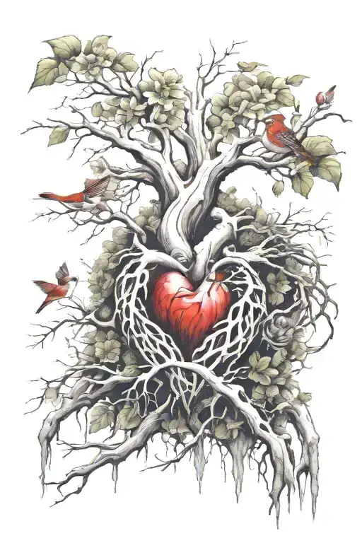 Broken Heart Blood As Water To Tree Roots For Growth Into Flowers With Sparrow Tattoo