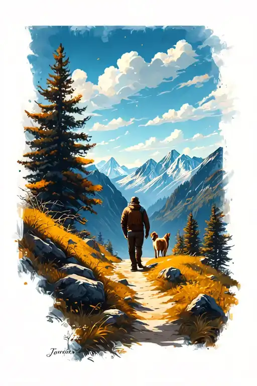 Path With A Man And A Dog Leading To Mountains