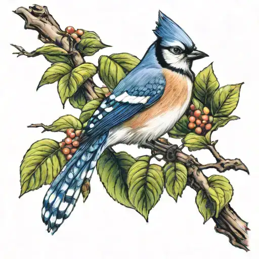 Bluejay In Apple Tree Tall Tattoo