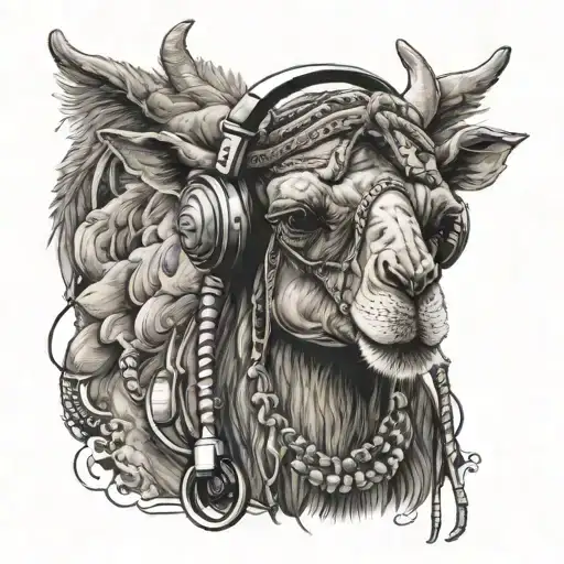 Rave Party Techno Camel With Demon Horns On Head And Headphones
