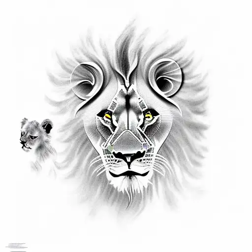 Male Lion With Lion Cub In Black And White