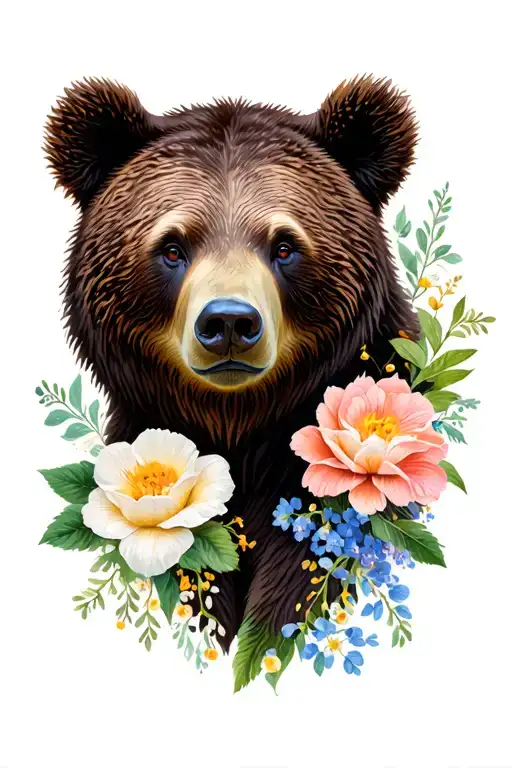 Realistic Mama Bear Head Surrounded By Realistic Flowers