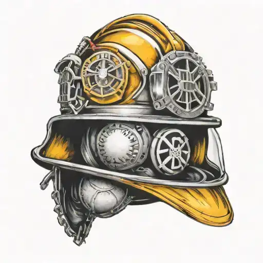 A Firefighter Helmet With Baseball And Hockey Symbols Incorporated Into The Design