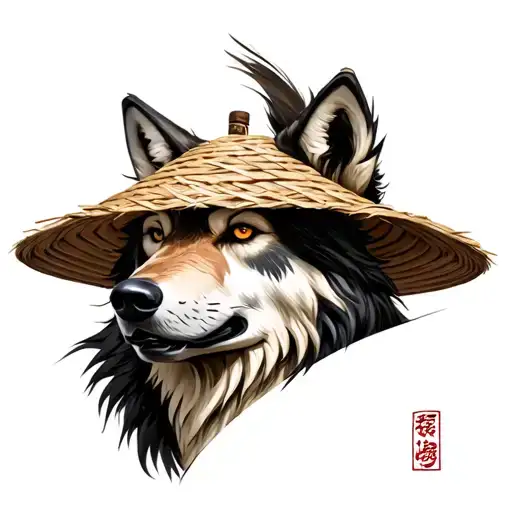 Wolf Head Wearing Straw Samurai Hat