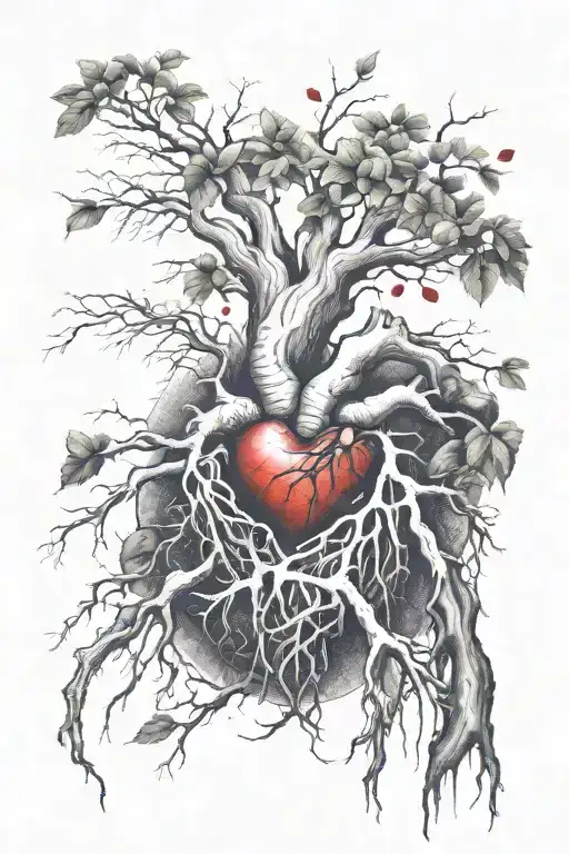Broken Heart Blood As Water For Roots Into Growth Of Tree Tattoo