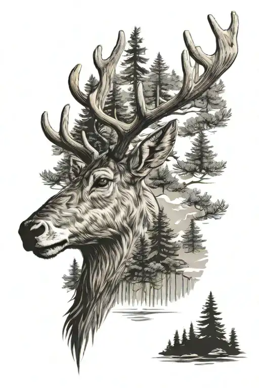 Reindeer Head Surrounded By A Pine Forest And A Lake