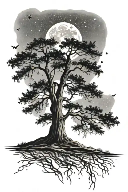 Cypress Tree Silhouette Moon Surrounded By Stars Scattered