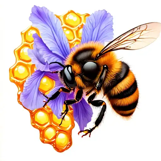 Small Bee With Honey Comb With Iris Flower