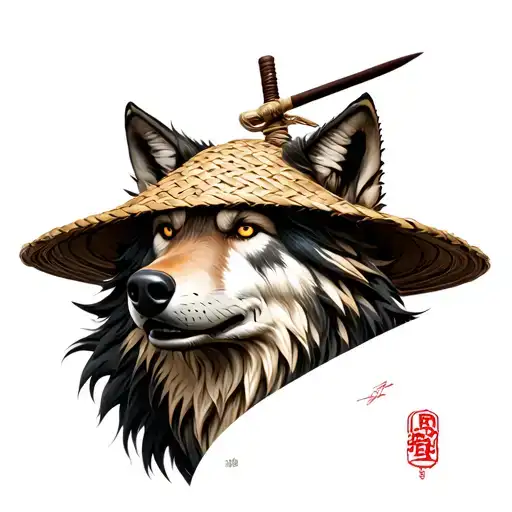 Wolf Head Wearing Straw Samurai Hat