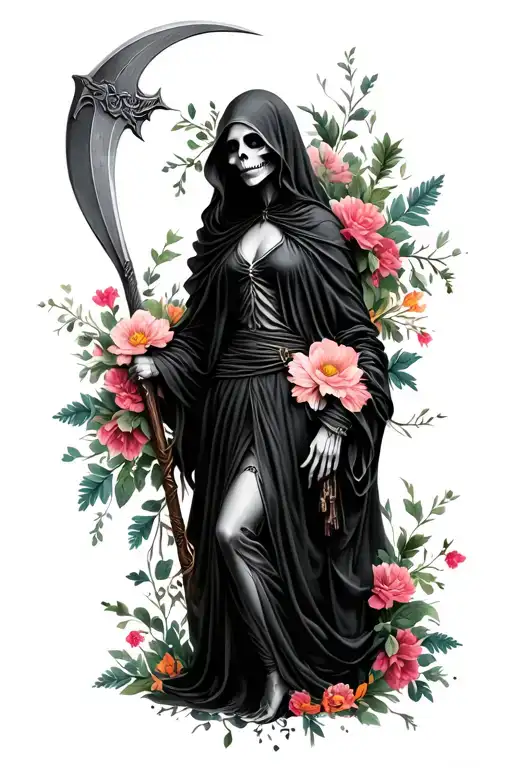Feminine Grim Reaper With Scythe And Flowers Wrapped
