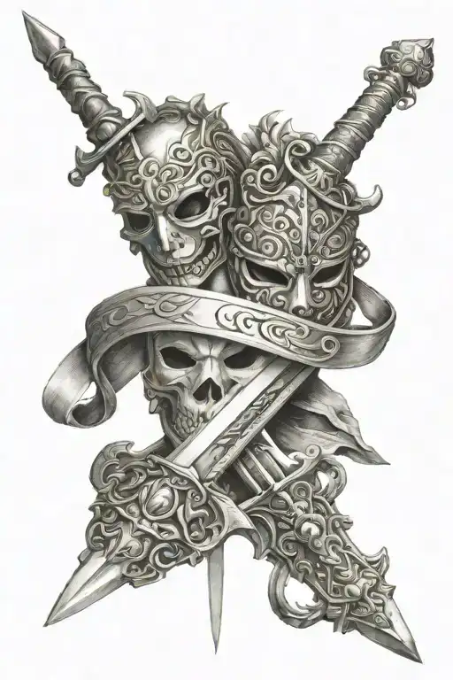 Sword That Has Do Not Trust On The Handle With Double-sided Masks