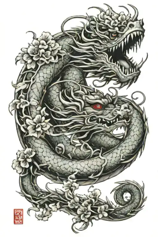 Japanese Dragon Wrapped In Flower Vines Hanging
