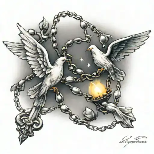 Rosary With Doves Flying And Lights