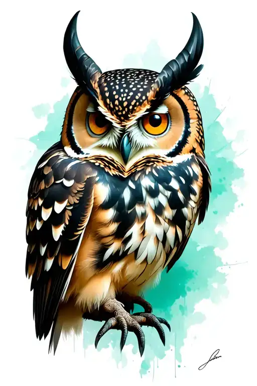 Horned Owl With Large Eyes Black With Pops Of Dark Greens And Teal Color
