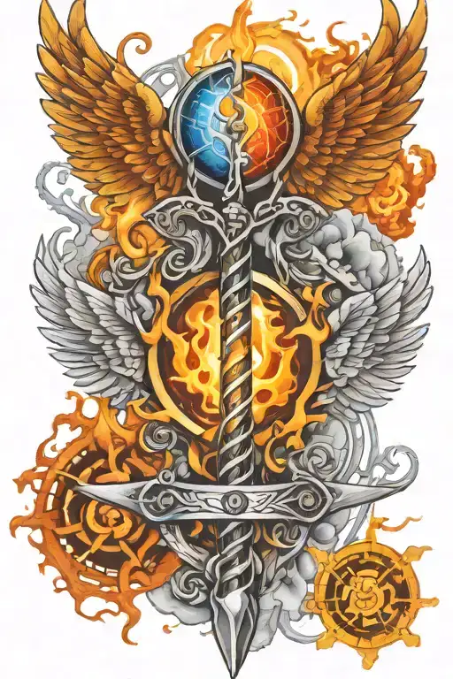 Caduceus Intertwined With Dna And Double Edge Sword On Fire With Chakra Colour And 3Rd Eye